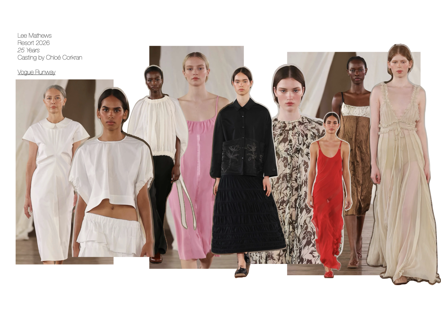 Fashion runway presentation featuring a diverse group of fashion models wearing designer dresses in a collage layout on a white background.