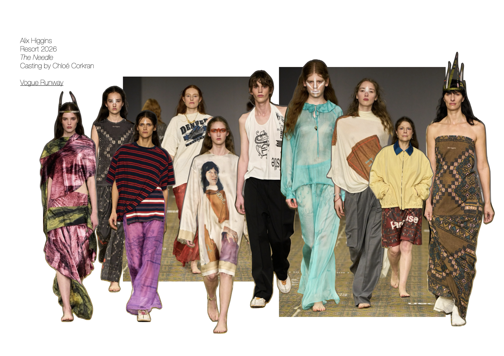 Fashion runway show featuring group of diverse models wearing eclectic resort wear designs with prints, sheer fabrics, and avant-garde headwear.
