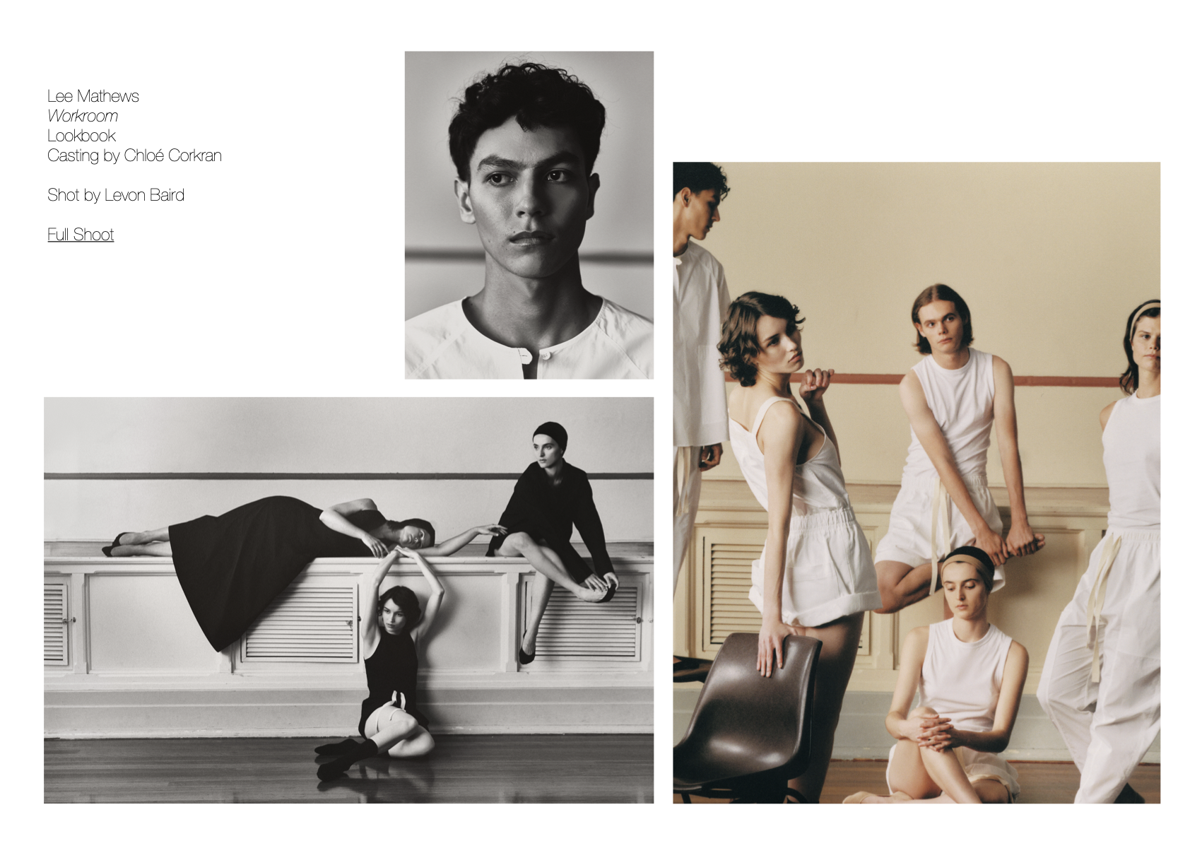 Editorial fashion shot with a group of young adult models in minimalist white outfits posing in a studio with clean, muted colors.