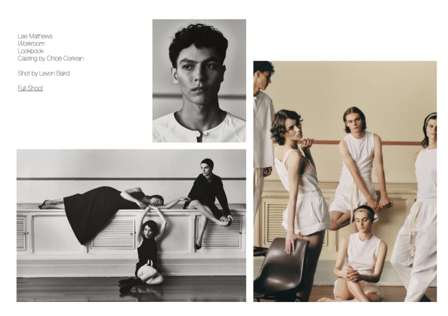 Editorial fashion shot with a group of young adult models in minimalist white outfits posing in a studio with clean, muted colors.