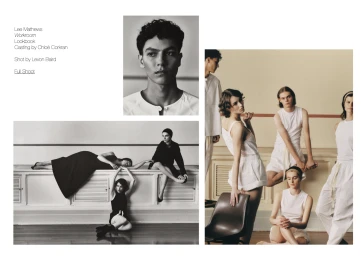 Lookbook collage featuring models in white and black apparel posing in an interior space for Lee Mathews Workroom.