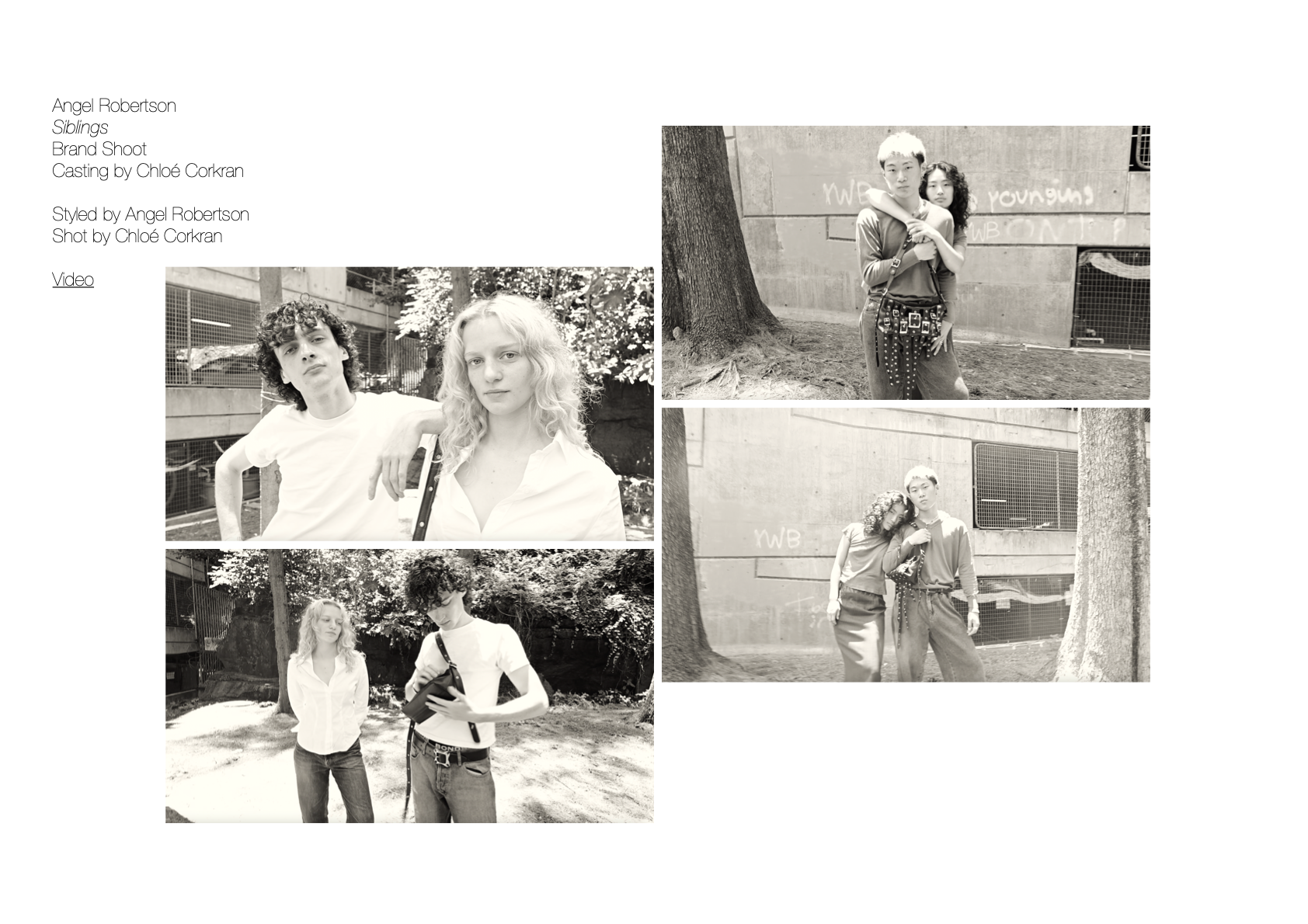 Monochrome fashion shoot of two young adult couples in outdoor settings, posing and embracing in casual clothing, brand campaign aesthetic.
