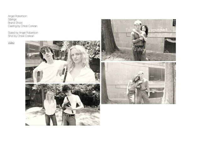 Monochrome fashion shoot of two young adult couples in outdoor settings, posing and embracing in casual clothing, brand campaign aesthetic.