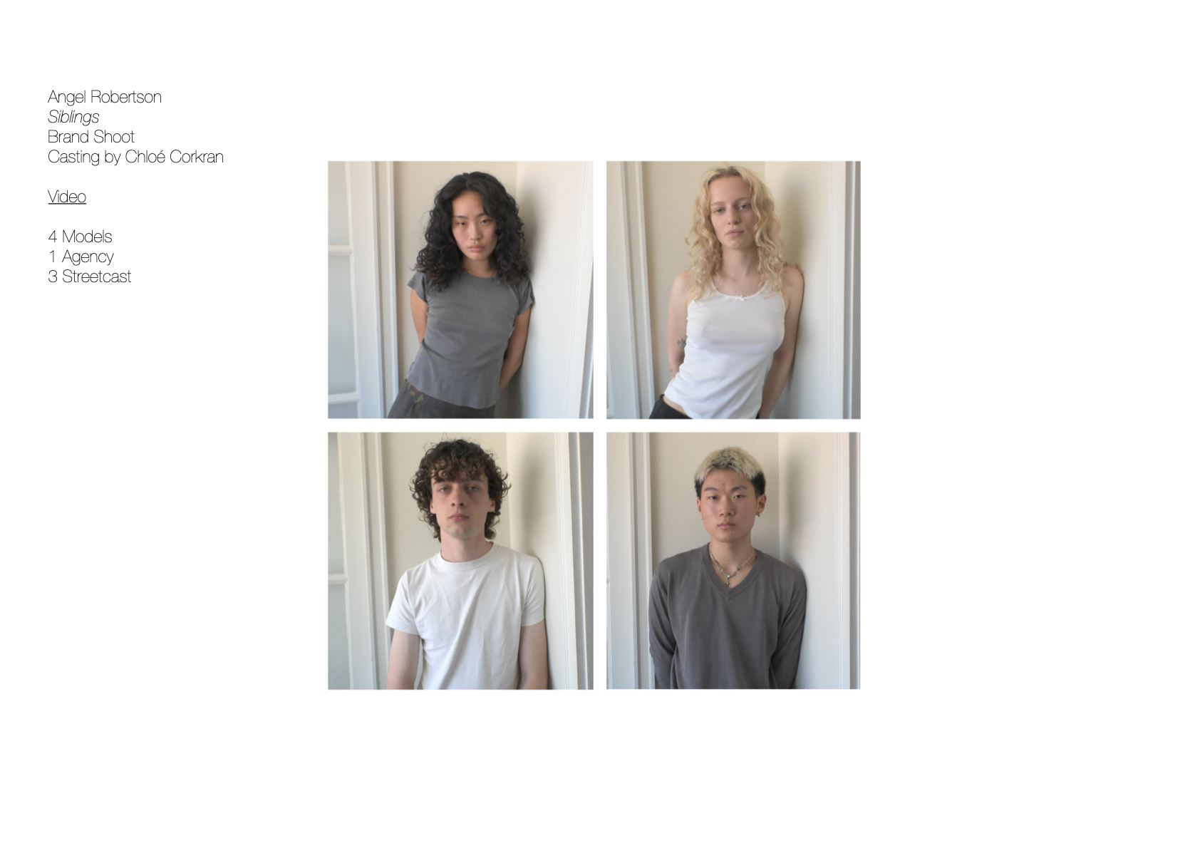 Four models pose in a grid-like layout. The background is plain white. Two women and two men wear casual clothes, looking directly at the camera.