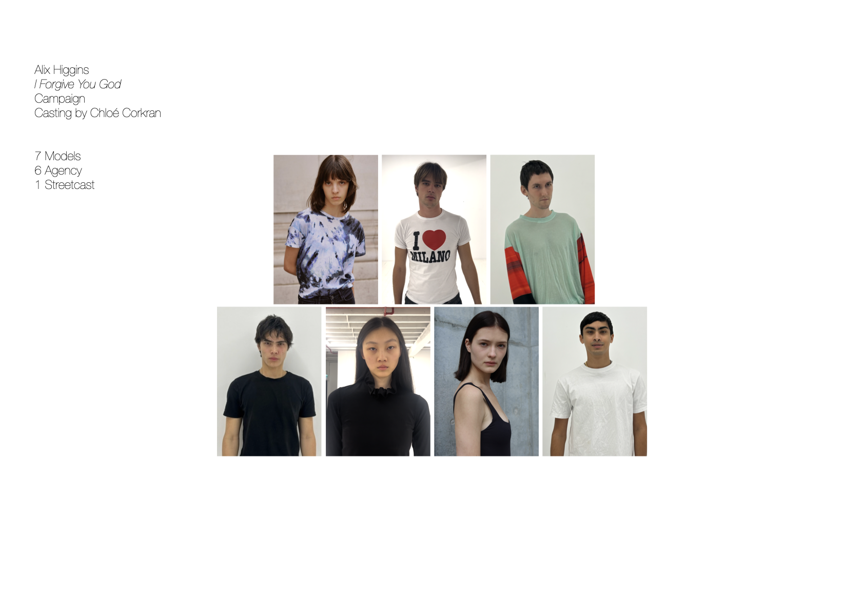 Seven models are posing in a studio in a compilation image showcasing a fashion campaign. They wear casual attire against a bright backdrop.