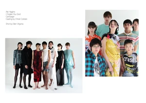 Group of diverse fashion models posing together against a plain white background for the Alix Higgins Resort 2025 campaign.