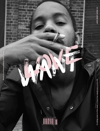 Magazine cover featuring a black and white portrait of a man smoking a cigarette with the words LOVE WANT overlaid in pink.