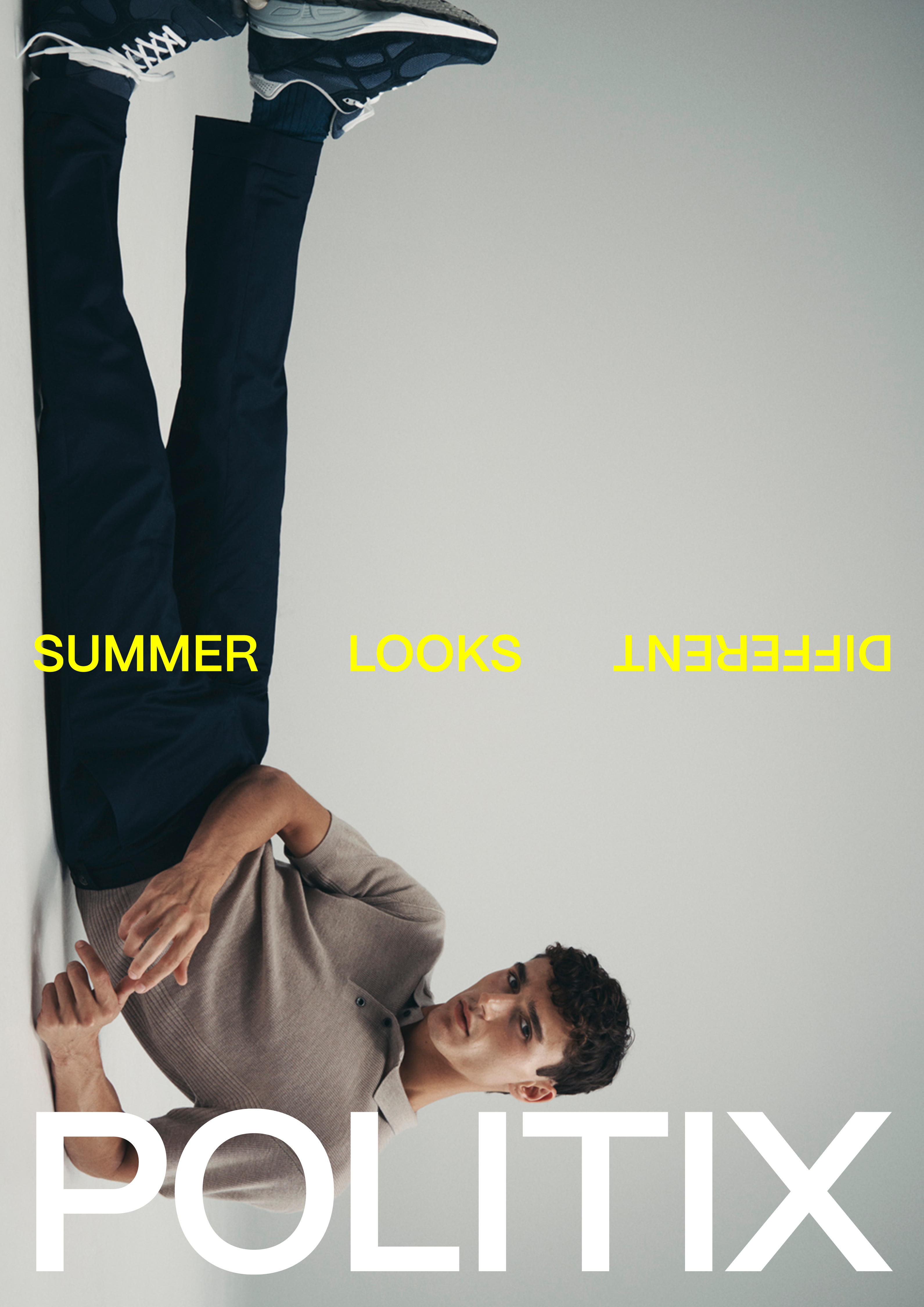 Upside-down fashion shot featuring a male model wearing a polo shirt, trousers, and sneakers against a neutral backdrop with text overlay.