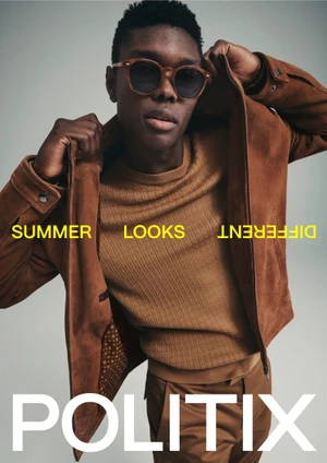 Black man wearing brown suede jacket, knit sweater and sunglasses against a plain grey backdrop with bold text