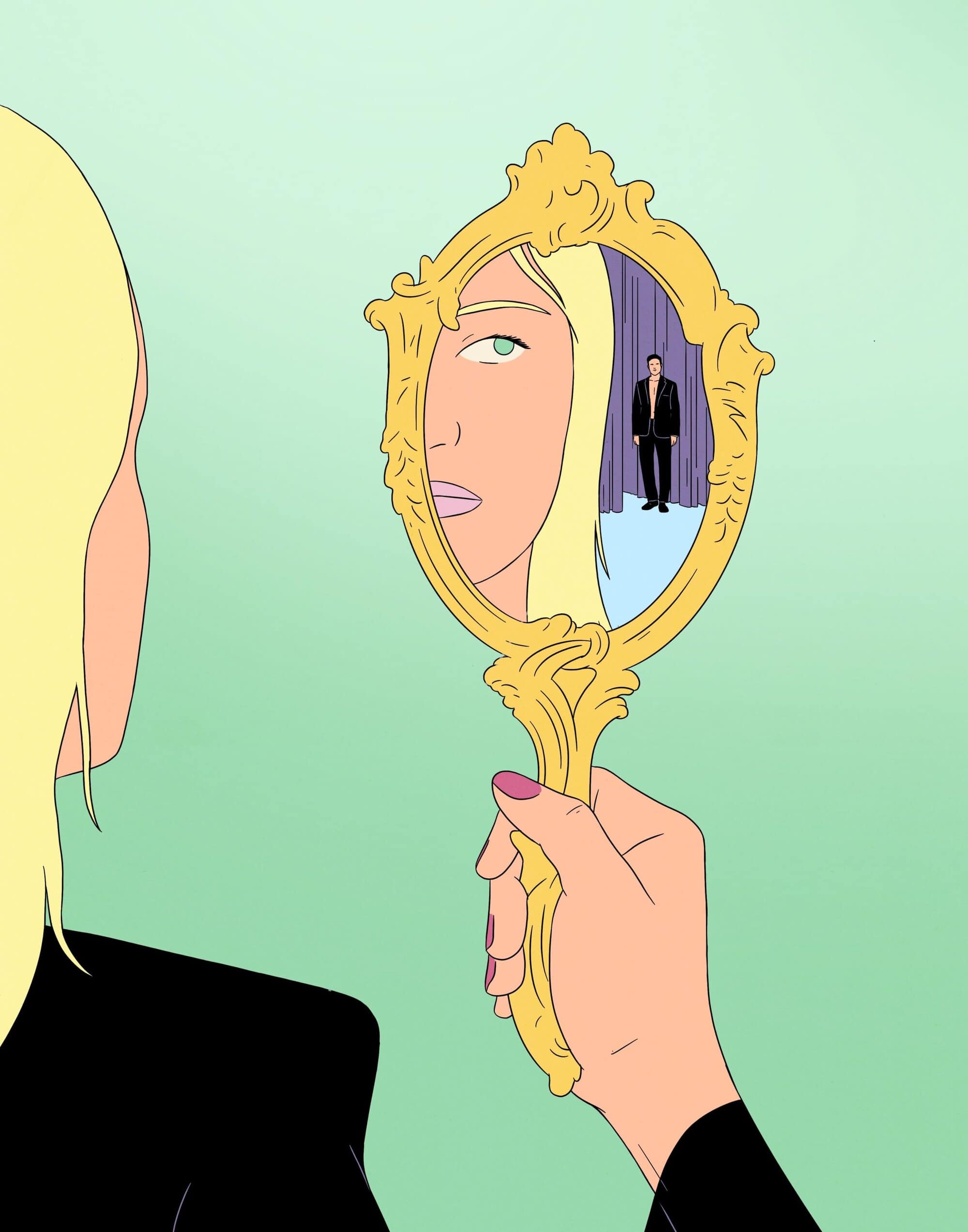 Illustration of woman looking at golden mirror reflecting another person. Blonde hair and black suit are visible.