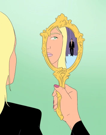 Illustration of woman looking at golden mirror reflecting another person. Blonde hair and black suit are visible.