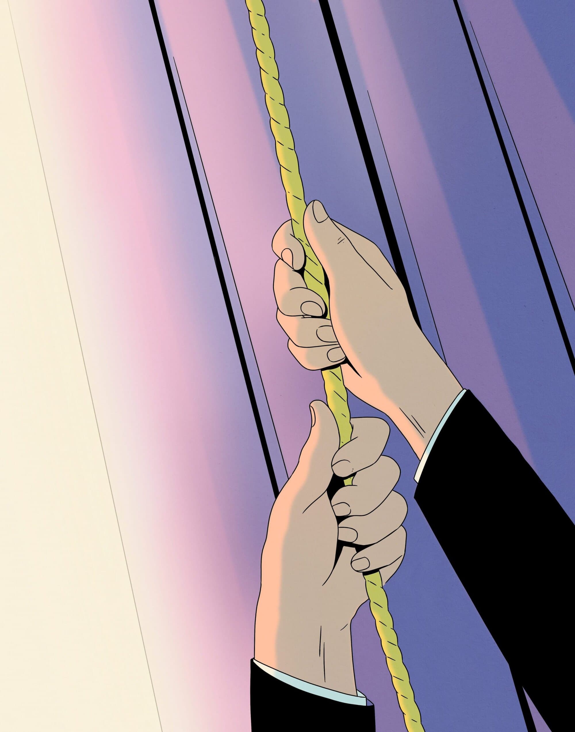 Illustration of two hands in a black suit pulling on a yellow rope in front of a shaded purple curtain.