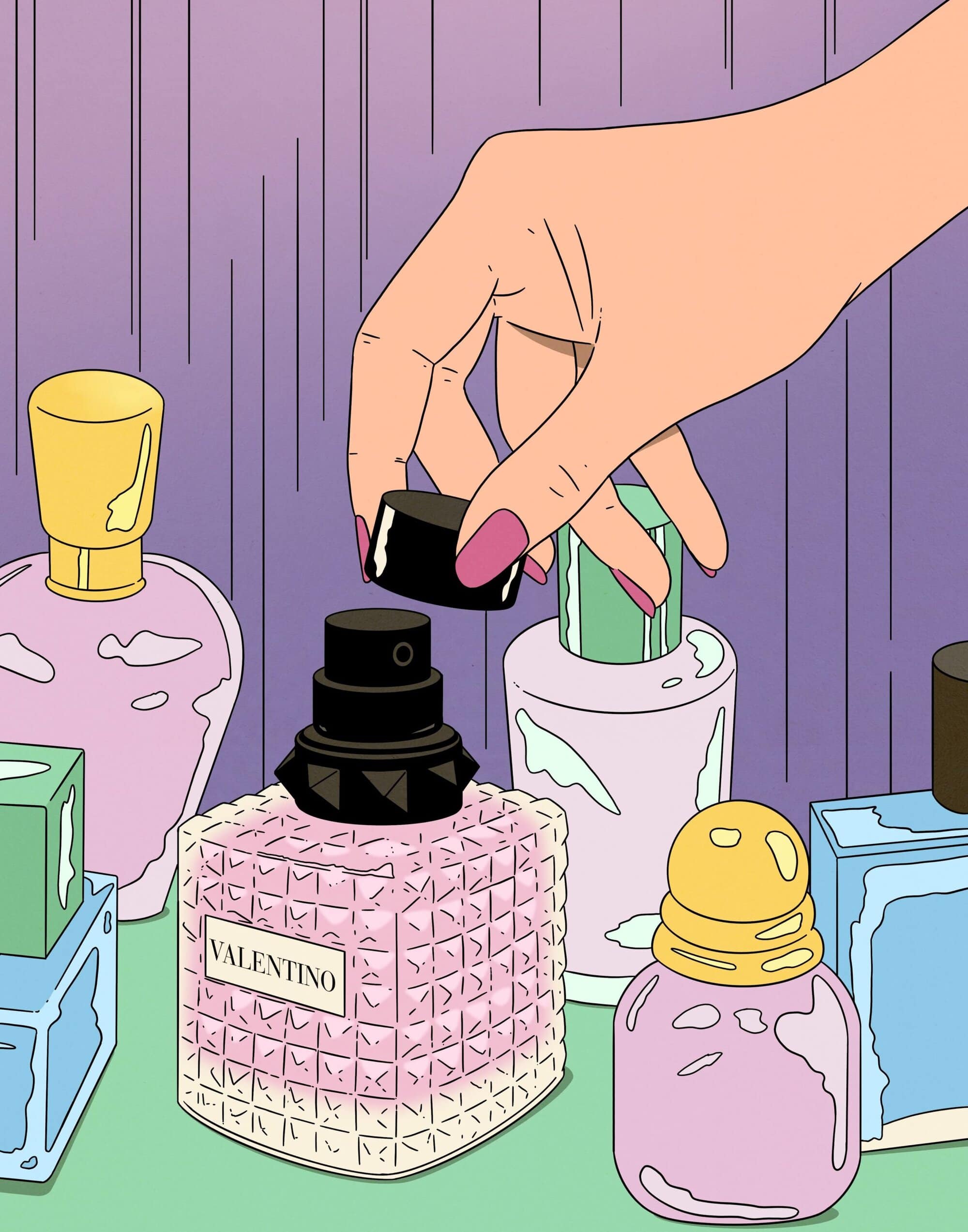 Illustration of a hand removing the cap from a Valentino perfume bottle, surrounded by other perfume bottles in various shapes and colors.