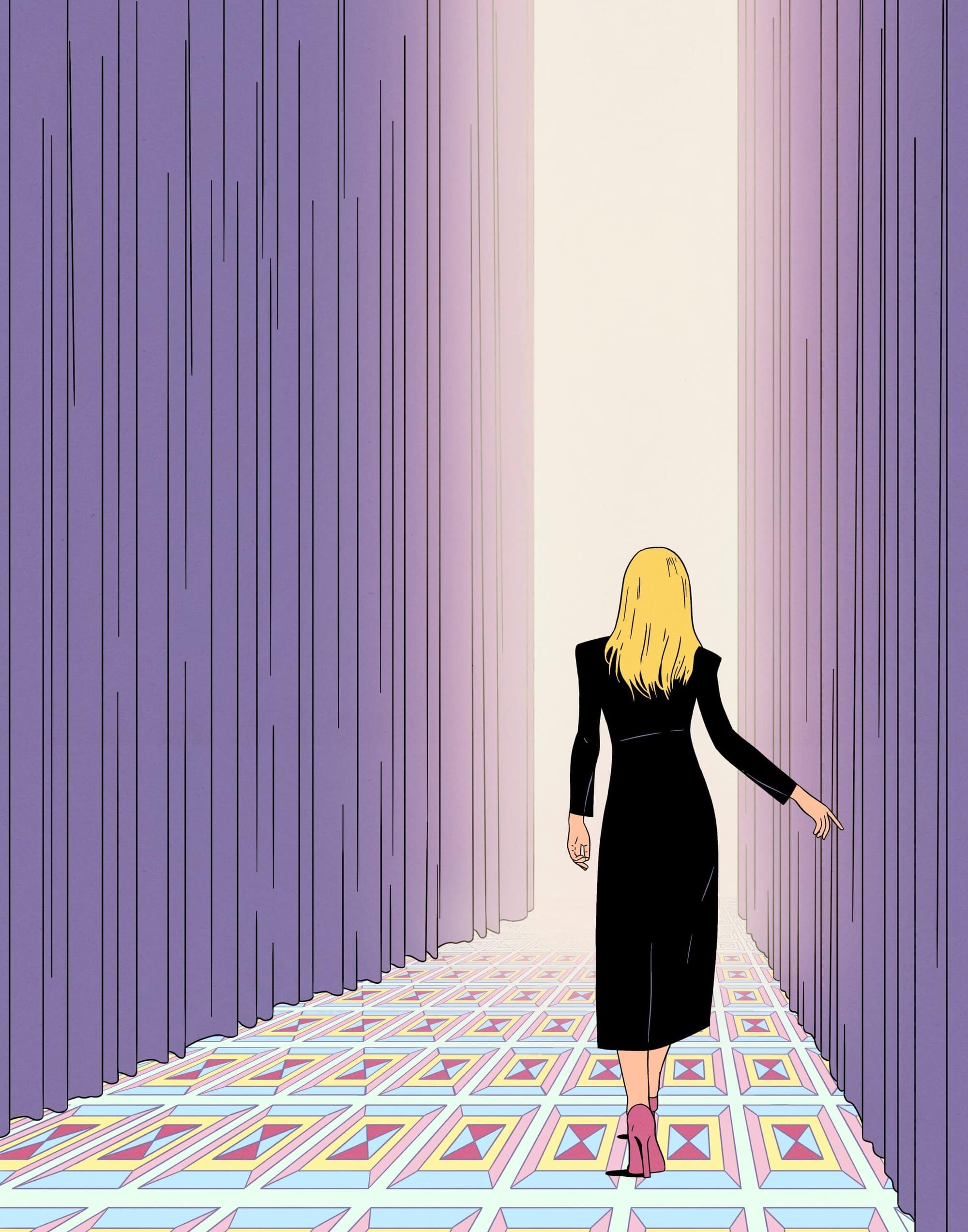 Blonde woman in black dress walking toward light in a stylized illustration with patterned floor and lilac curtains on either side.