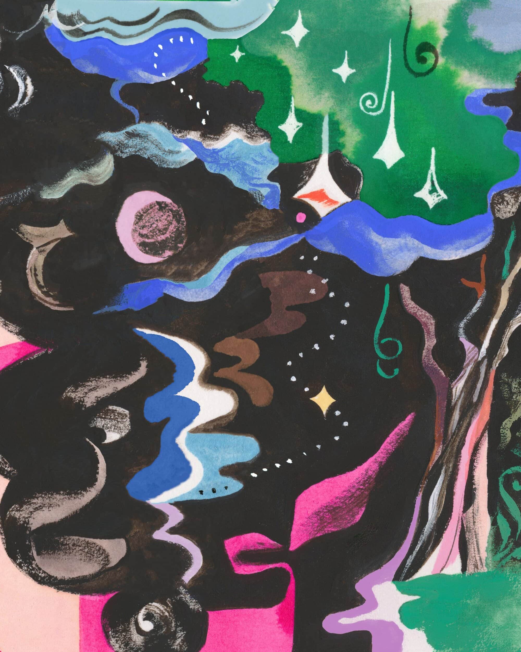 Abstract gouache art with whimsical celestial shapes, swirling waves, and geometric forms in a vibrant palette of black, green, pink, and blue.
