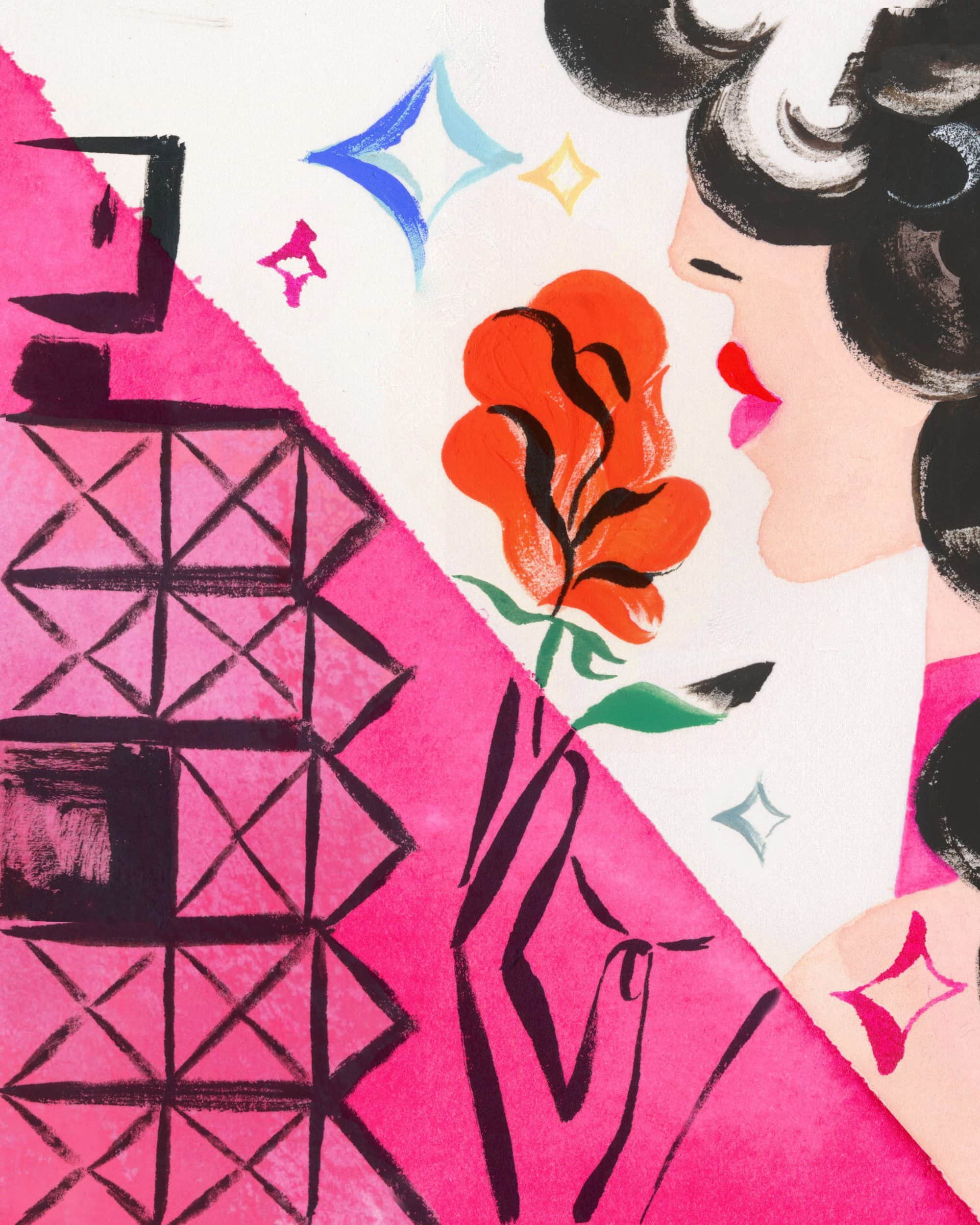 Watercolor illustration featuring a woman's profile, orange rose, and geometric pattern in pink and black, exuding an artistic vibe.