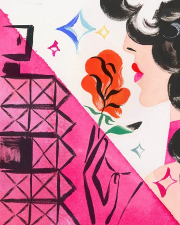 Watercolor illustration featuring a woman's profile, orange rose, and geometric pattern in pink and black, exuding an artistic vibe.