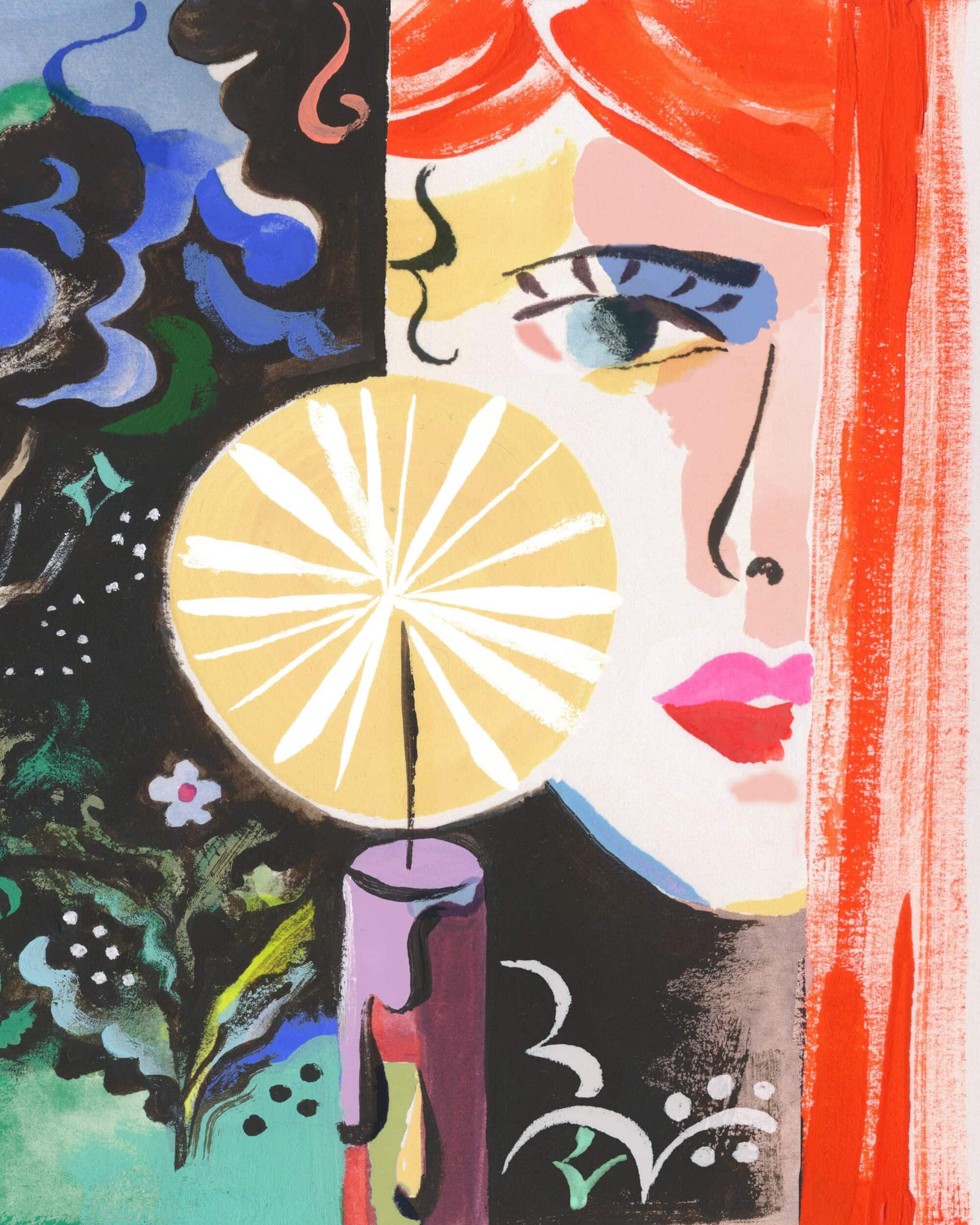 Painted portrait of a woman with red hair next to a candle and floral designs in green, blue, and black with illustrative style.
