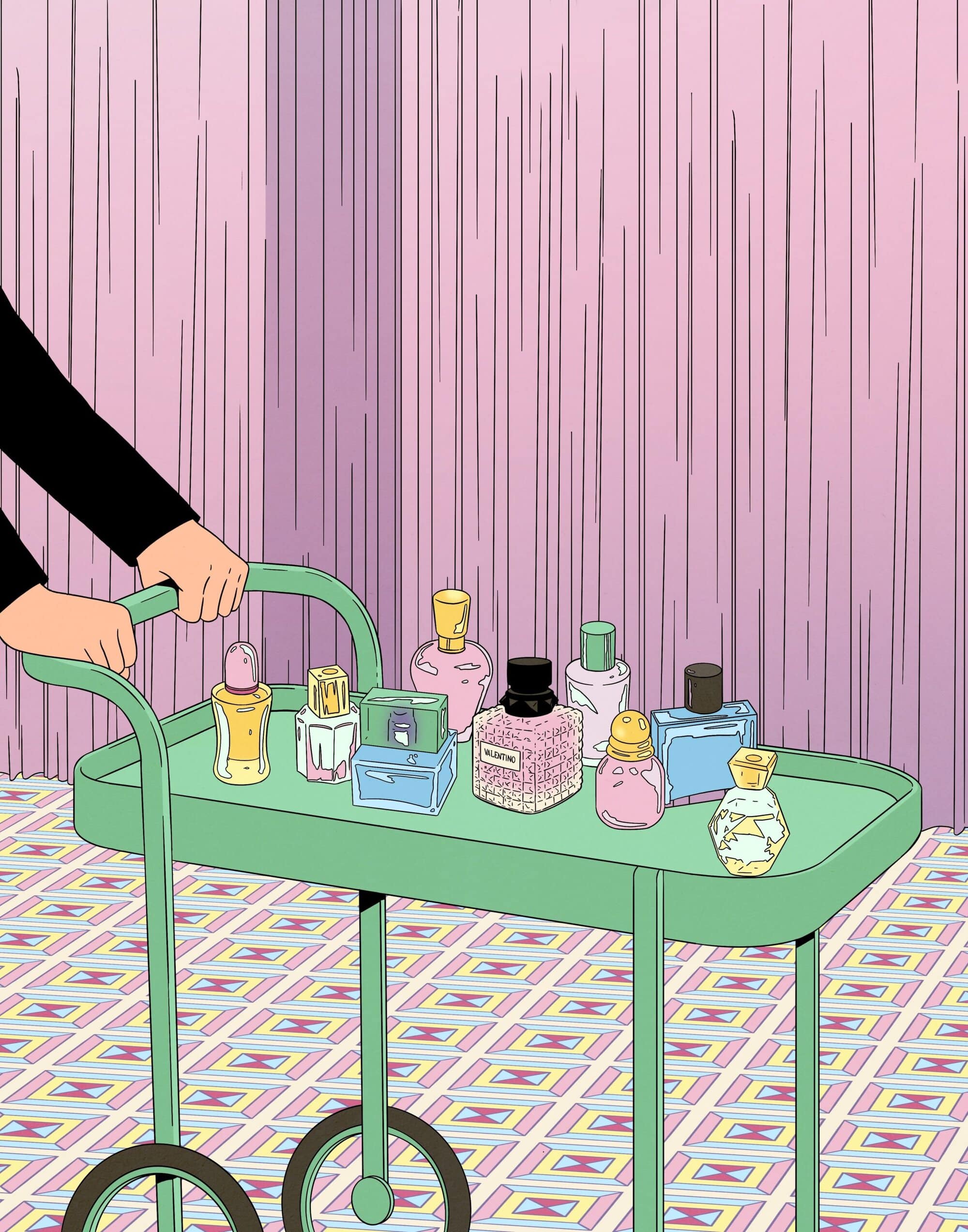 Illustration of hands pushing a green serving cart with perfume bottles in front of a vertically striped pink curtain.