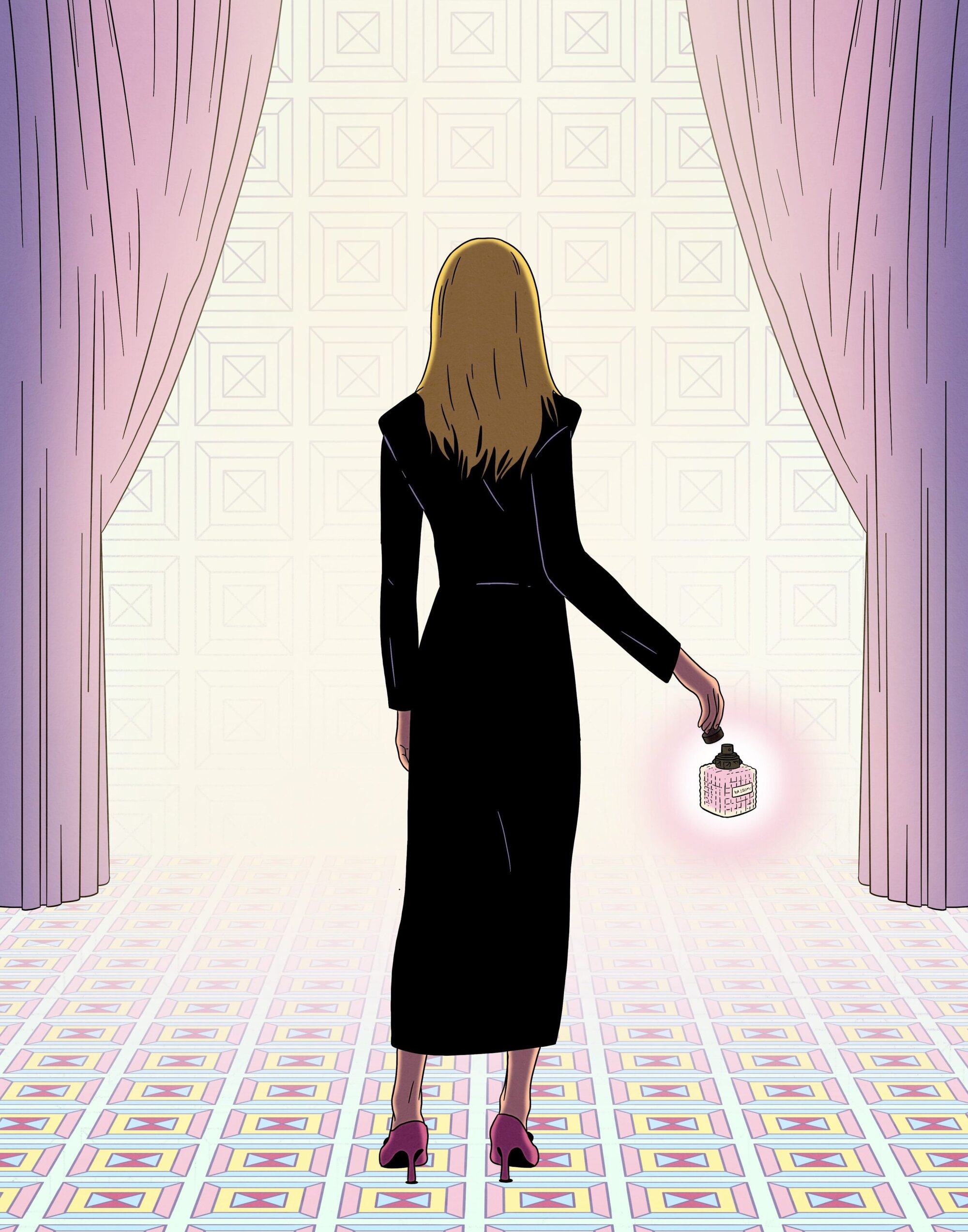Illustration of a woman in a black dress from the back, holding a pink object with geometric designs, standing in an ornate interior.