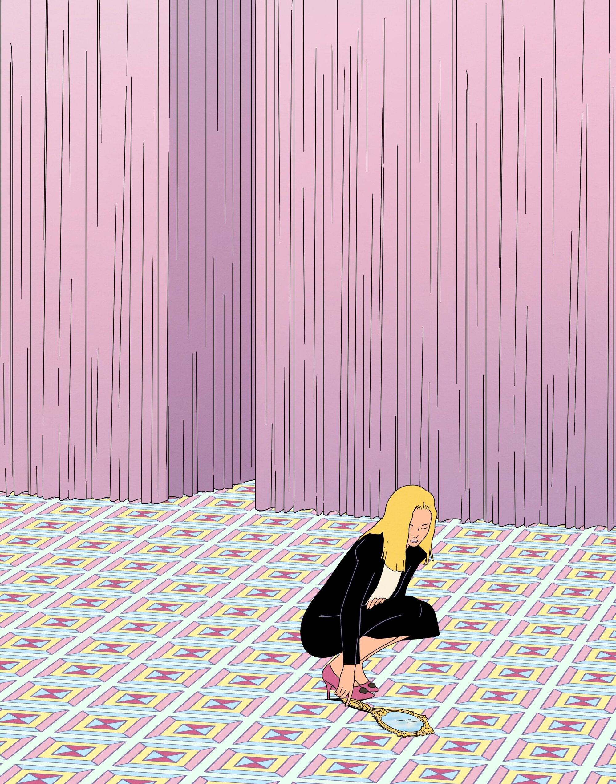 Illustration of woman in black suit crouching with pink heels, placing foot into gold framed mirror on colorful patterned floor.