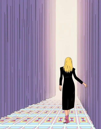 Illustrated blonde woman in a black dress walking down a corridor with purple drapes and a patterned tile floor.