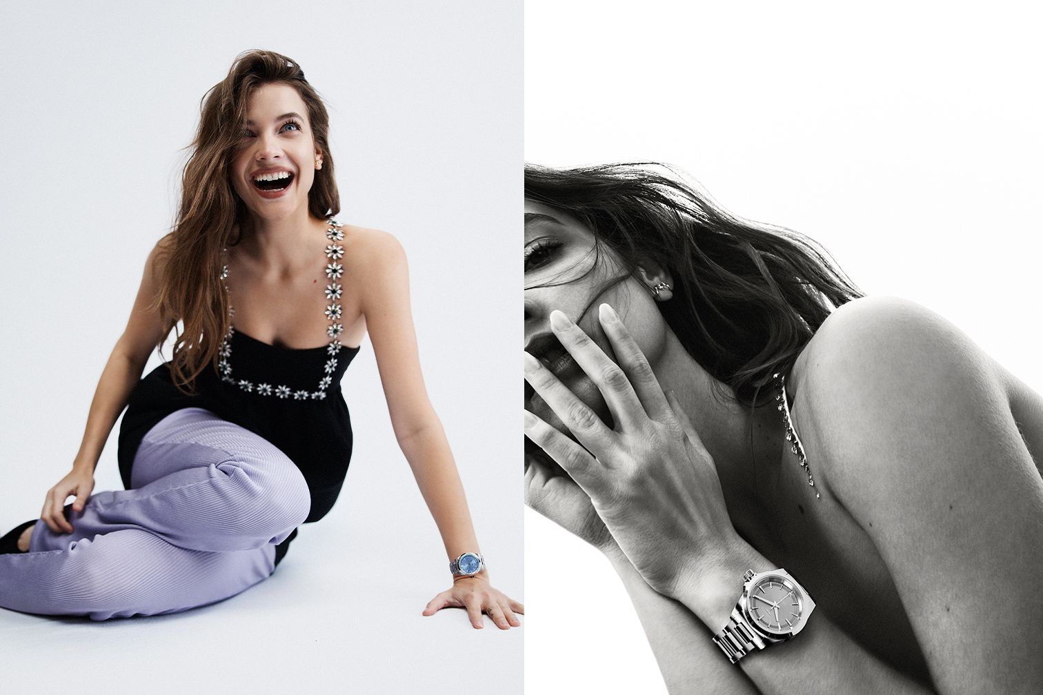 Fashion shot featuring an adult woman in a black top and striped pants, seated in a photo studio. She is wearing a watch.