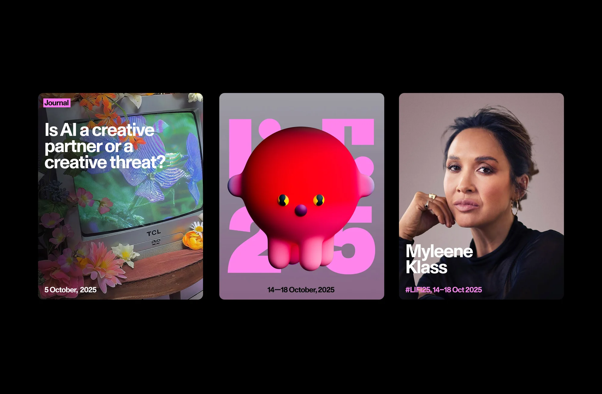 Three promotional images showcasing a vintage TV with flowers, a red 3D character, and a portrait of Myleene Klass for an event.