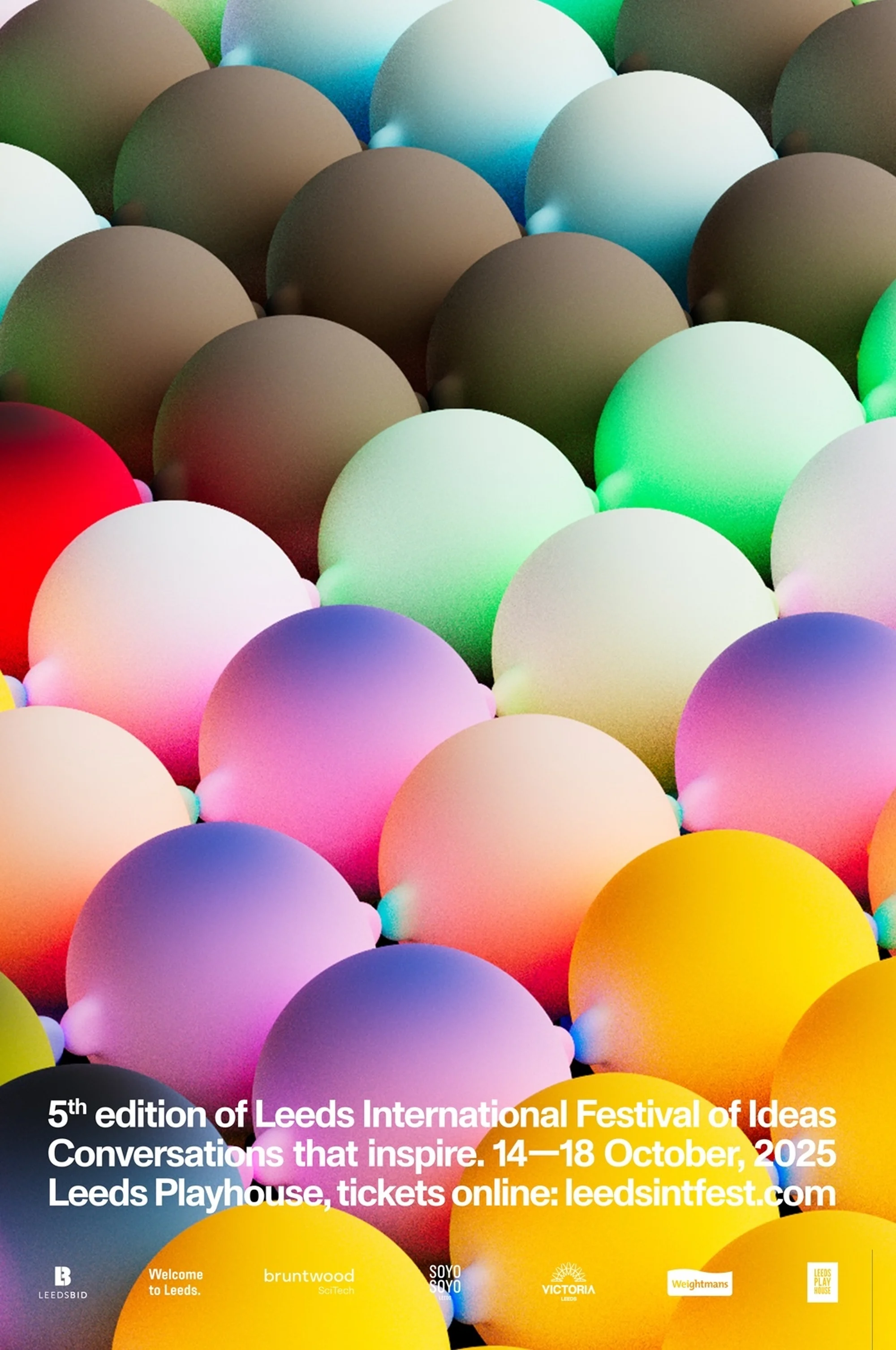 Poster for the 5th edition of the Leeds International Festival of Ideas featuring colorful balloons, with event dates and location.