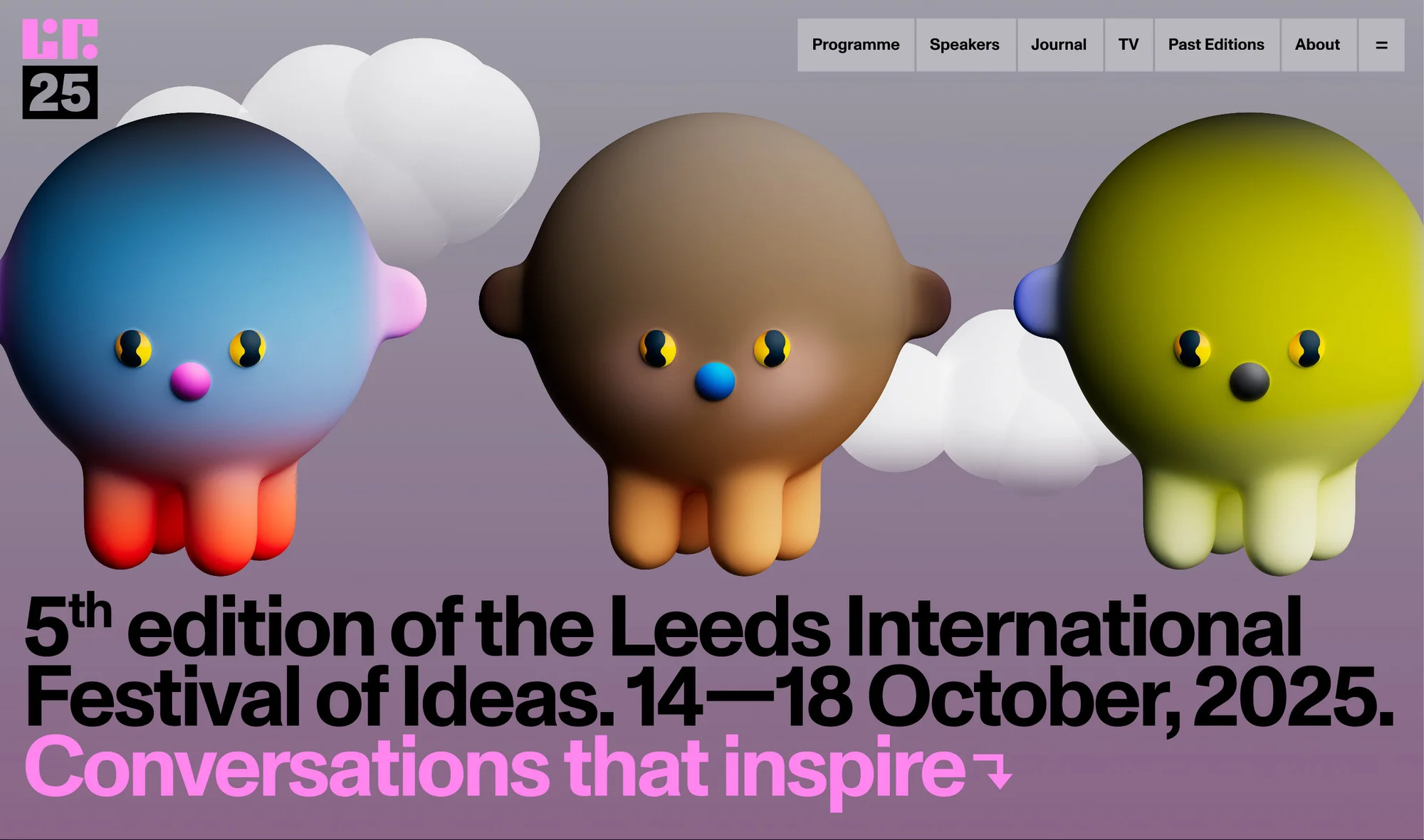 Leeds International Festival of Ideas promotional image featuring three colorful, cartoonish, spherical characters floating against soft background.
