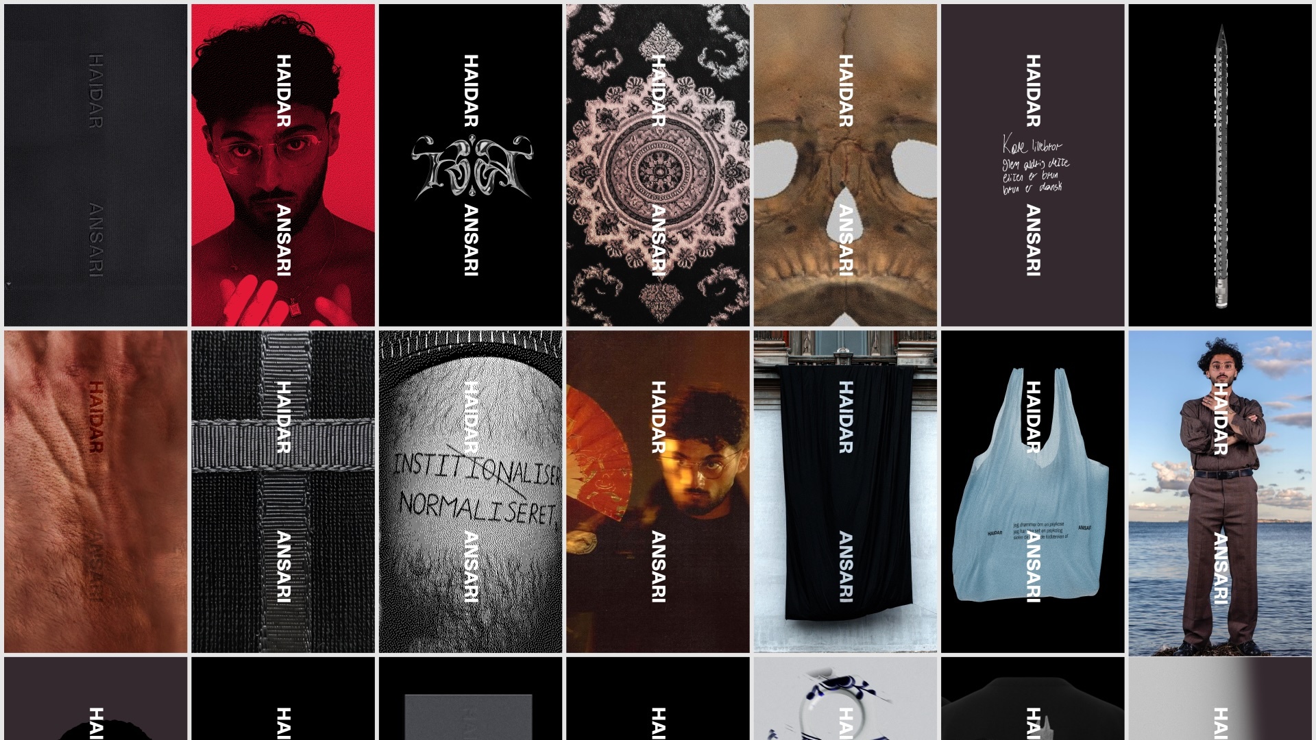 Collage of images featuring Haidar Ansari branding on diverse subjects, including a portrait, skull, clothing, and objects, set against dark backgrounds.