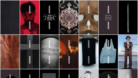 Grid of design brand identity imagery for Haidar Ansari featuring portraits, typography, apparel, and textures.