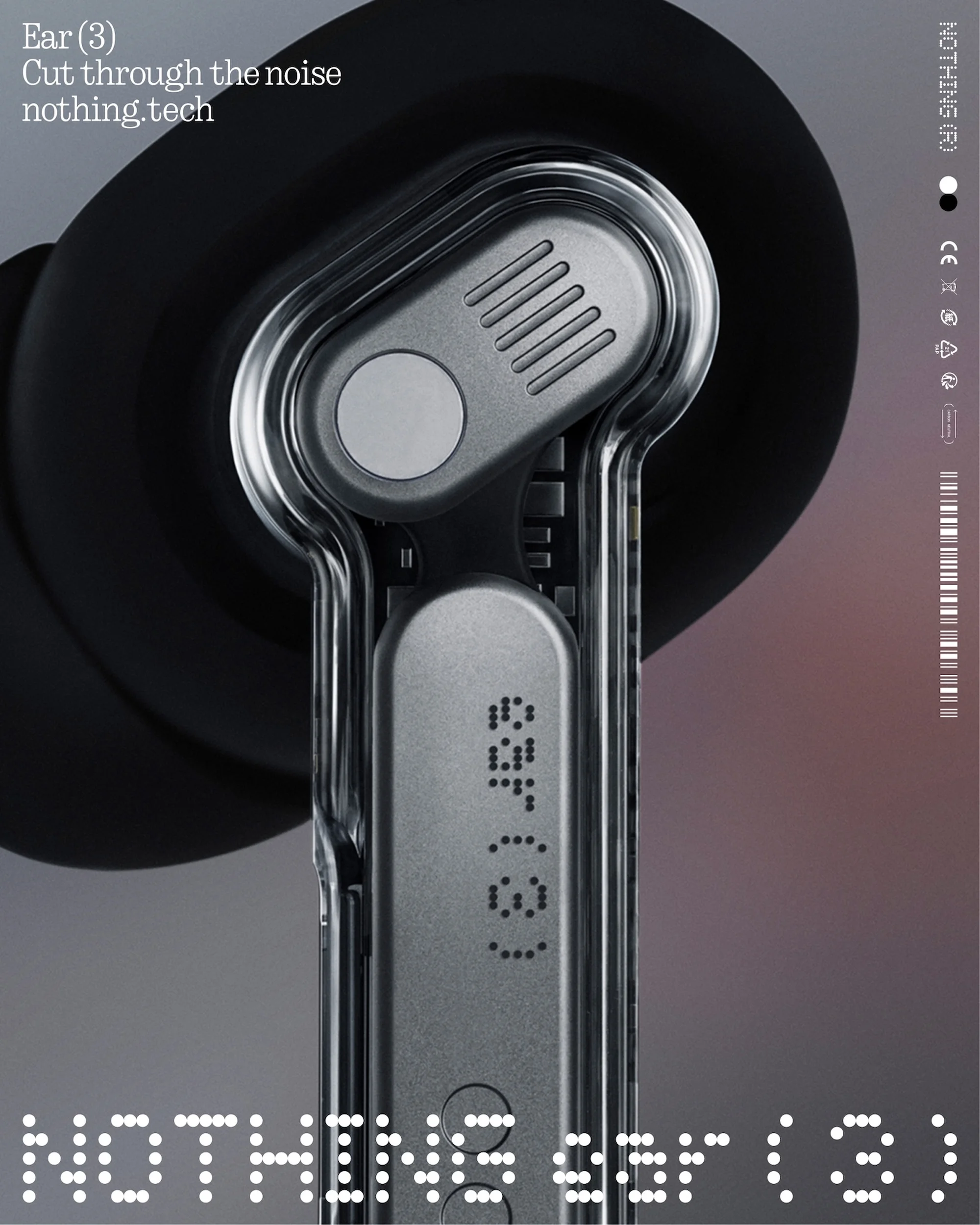 Close-up studio shot of a Nothing Ear (3) wireless earbud featuring a clear stem and black ear piece, against a gradient background.
