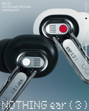 A pair of Ear (3) wireless earbuds, one white and one black, are featured in a close-up studio shot on a gradient blue background.