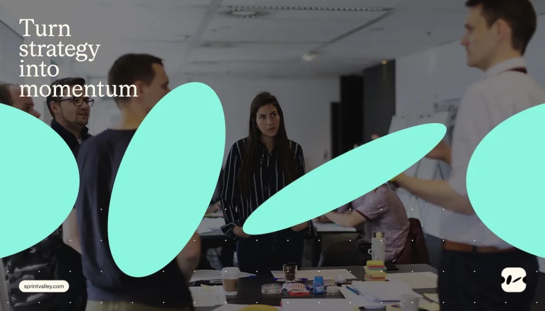 Group of business professionals collaborating around a table in a modern office setting, with abstract graphic elements and company logo.