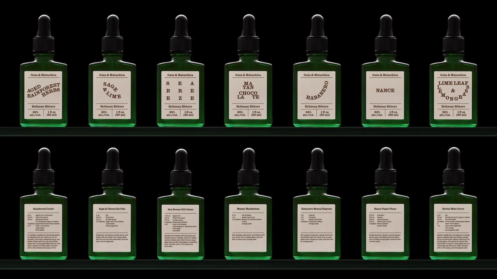 Assortment of green glass bottles with dropper caps and labels, displayed on dark green shelves, each containing artisanal bitters.