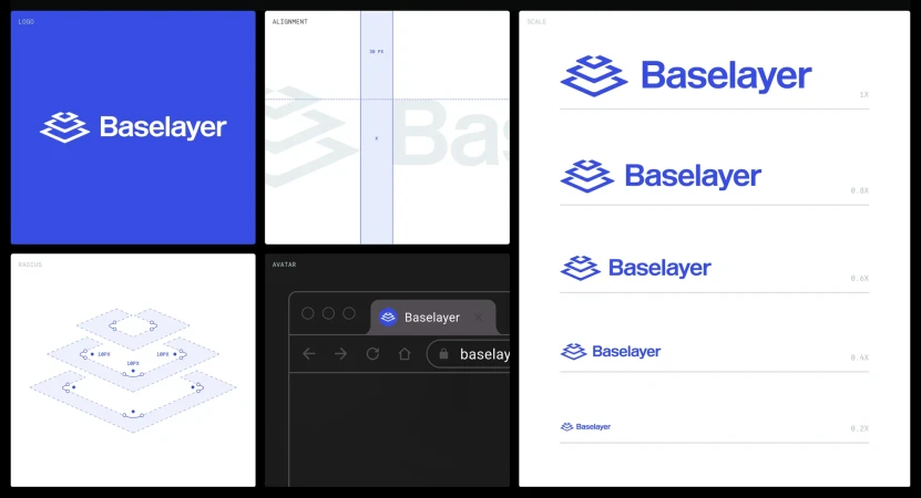 Baselayer logo and identity design elements including logo variations, website avatar, and design grid layouts displayed on a presentation board.