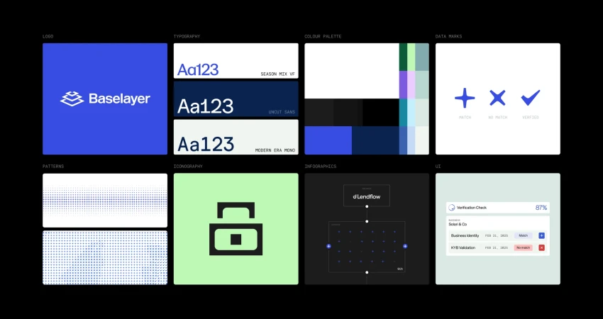 Various design elements are displayed, including a logo, typography samples, a color palette, patterns, infographics, iconography, and UI elements.