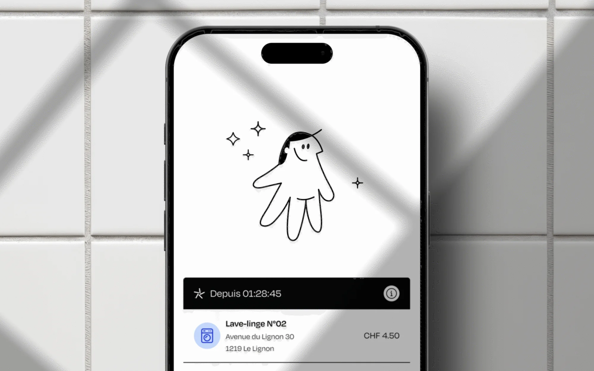Phone screen displays laundry service app interface with cartoon hand icon on white tile background for a clean, modern design.