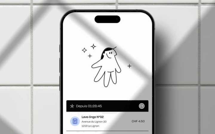 Phone screen displays laundry service app interface with cartoon hand icon on white tile background for a clean, modern design.