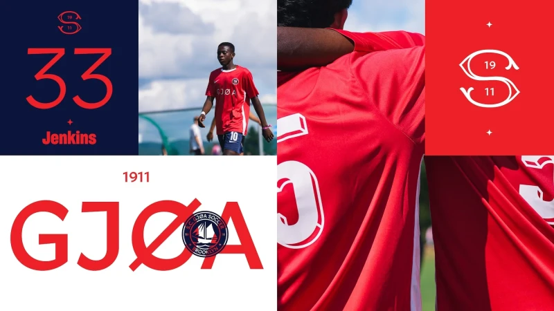 A graphic design collage features a soccer player in uniform on the field, and soccer club graphics with the team's name and year.