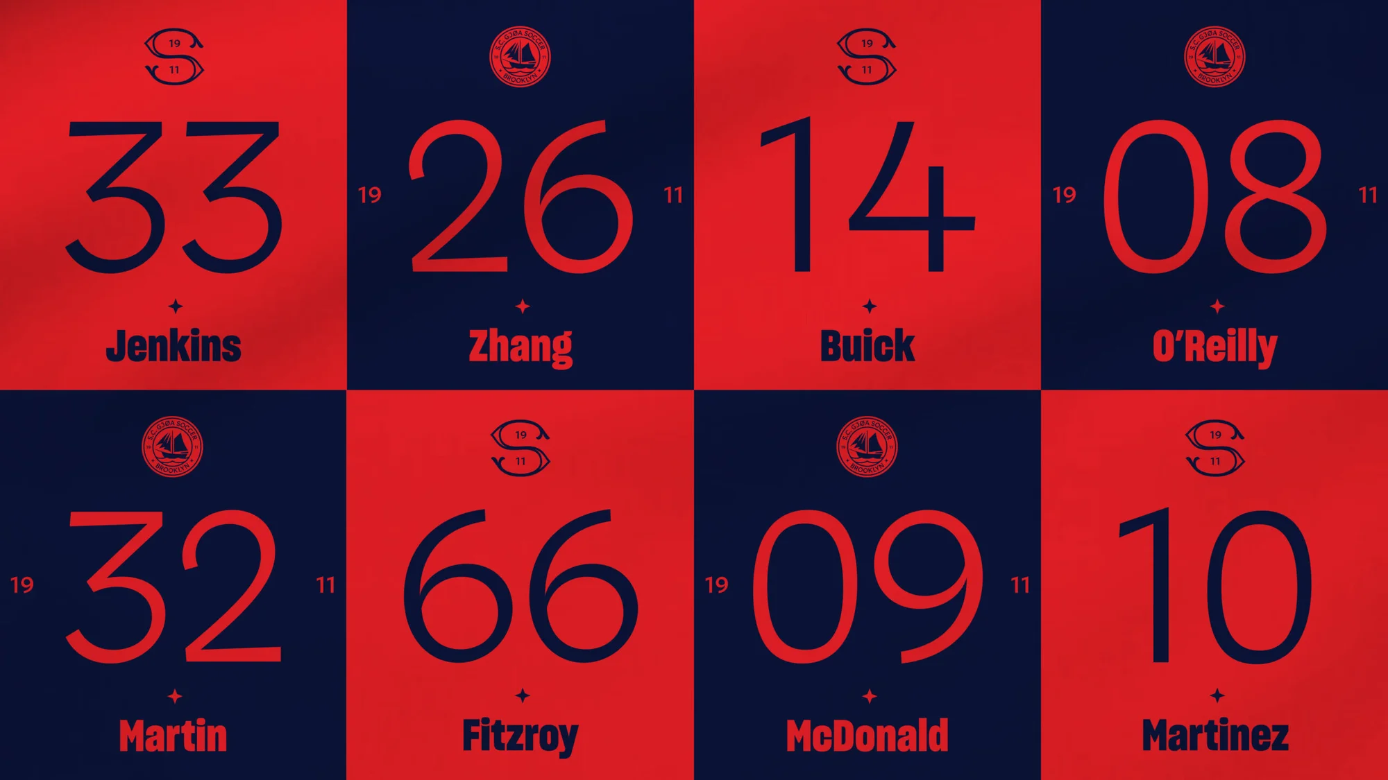 Graphic design in red and blue featuring names, numbers, and logos in a tiled arrangement. Suitable for team branding or presentation.
