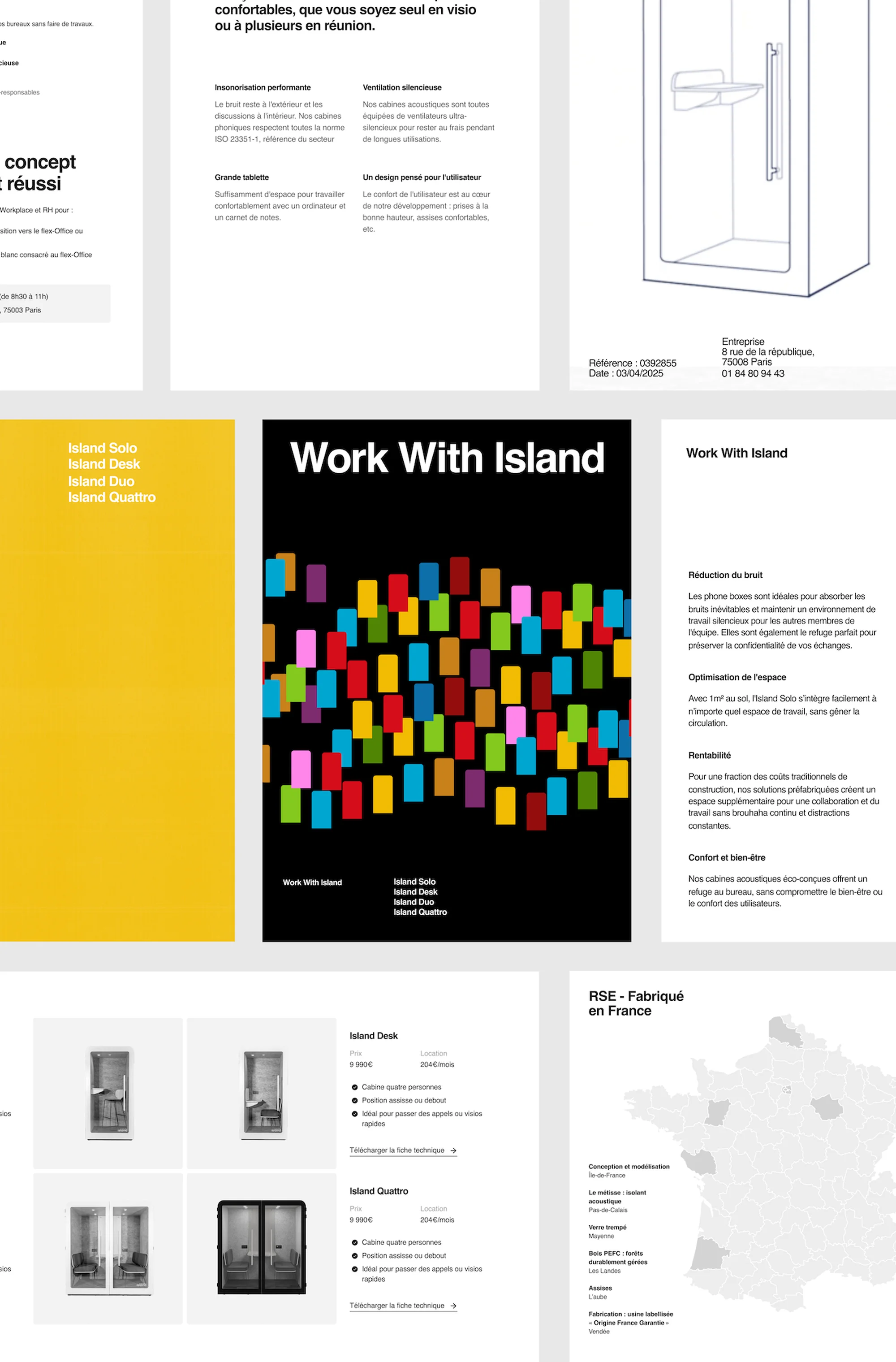 Collage of documents and graphic design materials featuring the text "Work With Island" and illustrations of building components.
