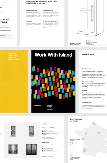 Collage of documents and graphic design materials featuring the text "Work With Island" and illustrations of building components.