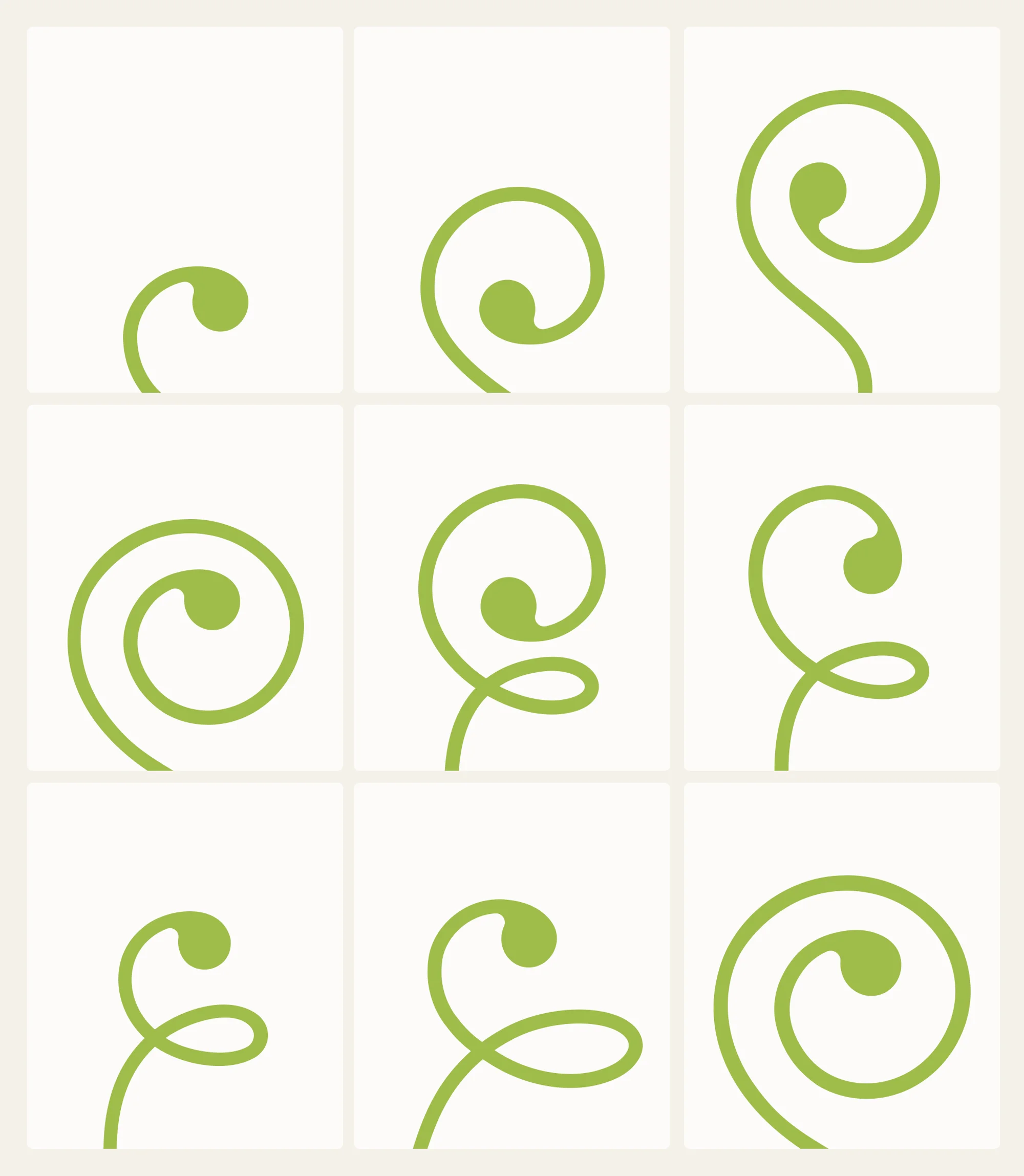 Green spiral growth pattern on white background. Nine frames showing the evolution of a swirl shape, illustration. Visual art.