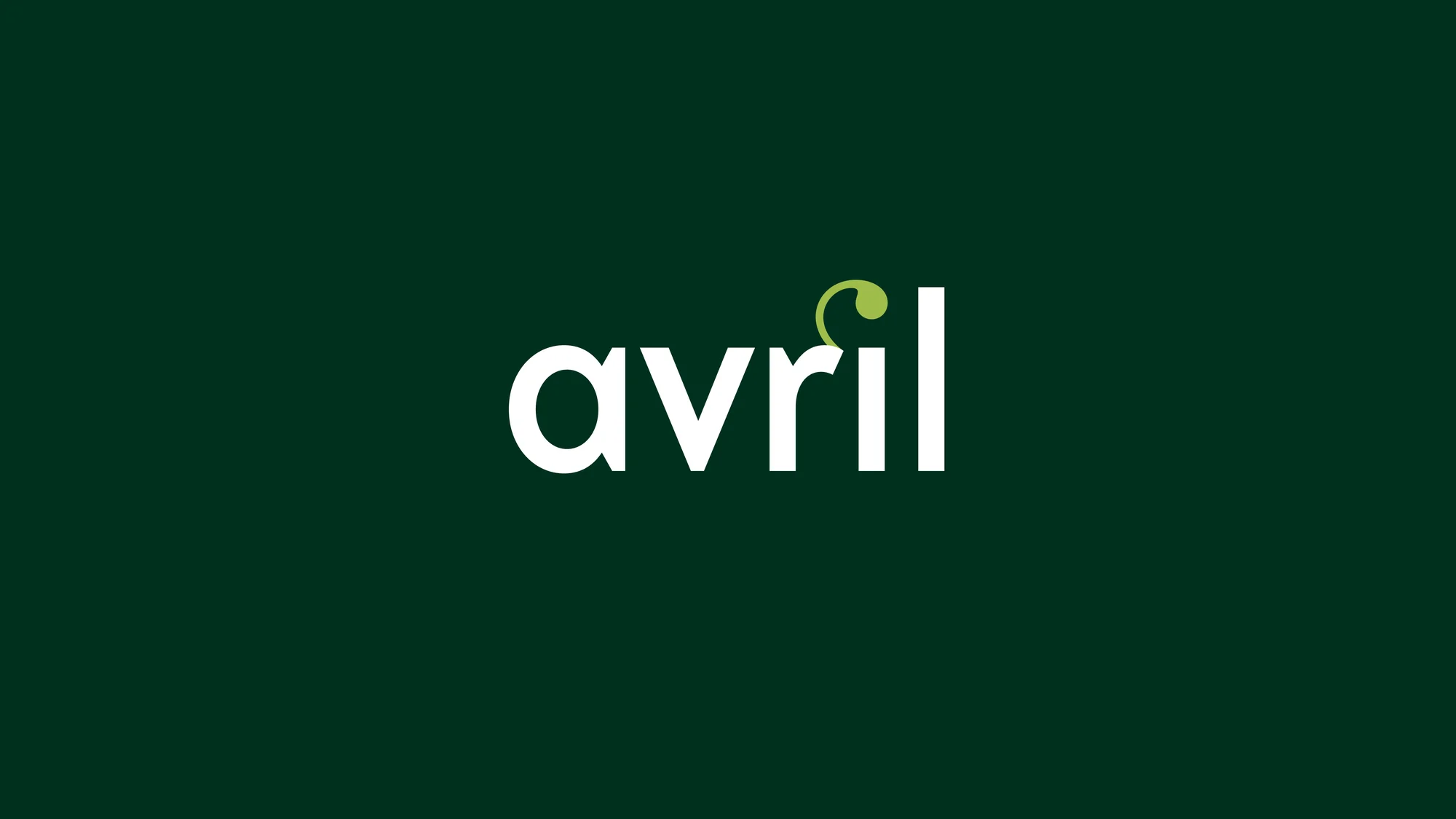 Minimalist logo with white text 'avril' on a dark green background, featuring a musical note replacing the dot over the 'i'.
