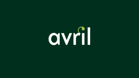 White Avril brand logo centered on a dark green solid background with a curling terminal on the letter i.