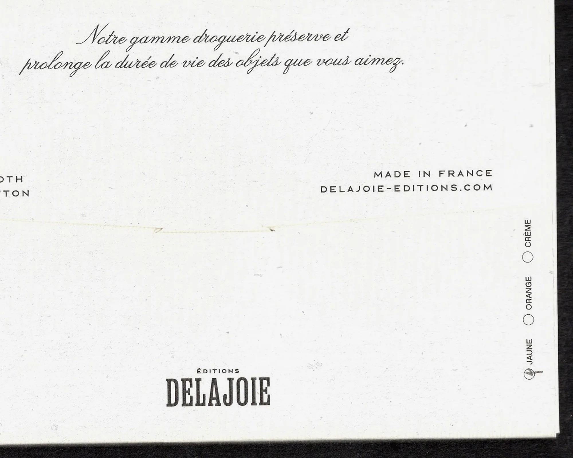 Promotional material features black text on white paper for Éditions Delajoie, emphasizing French-made quality and design.