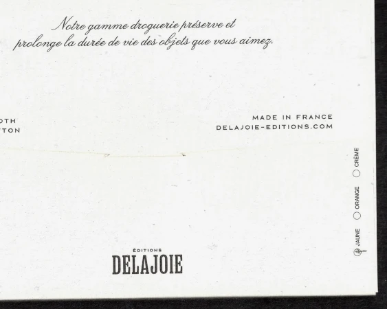 Promotional material features black text on white paper for Éditions Delajoie, emphasizing French-made quality and design.