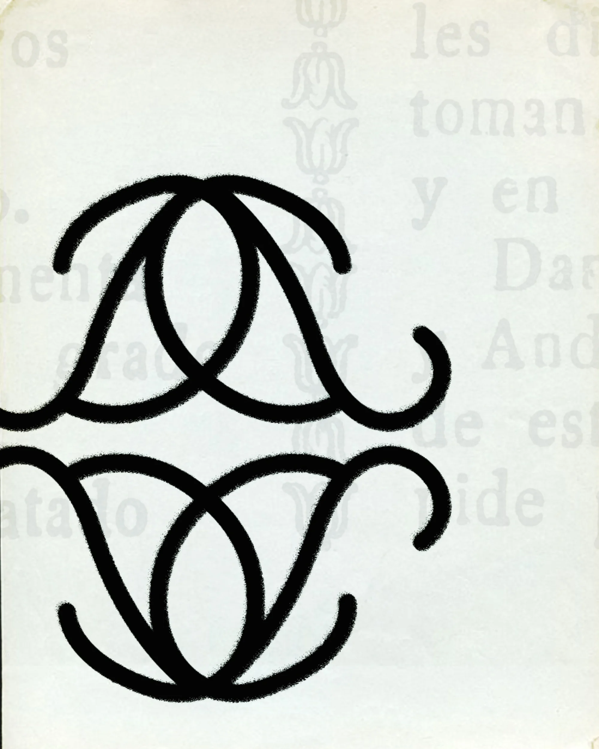 Abstract graphic art featuring a black calligraphic design of connected shapes over a gray background with floral patterns and faded text.